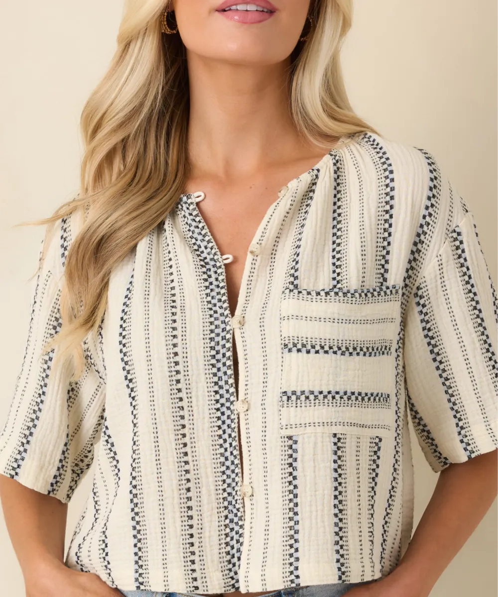Button-Front Short-Sleeve Cropped Striped Top