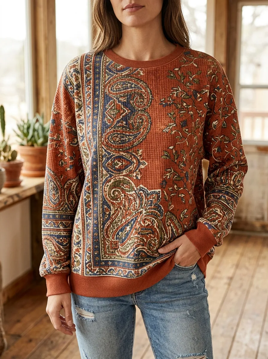 Women's Illustrated Boho Paisley Floral Waffle Knit Crewneck Sweatshirt