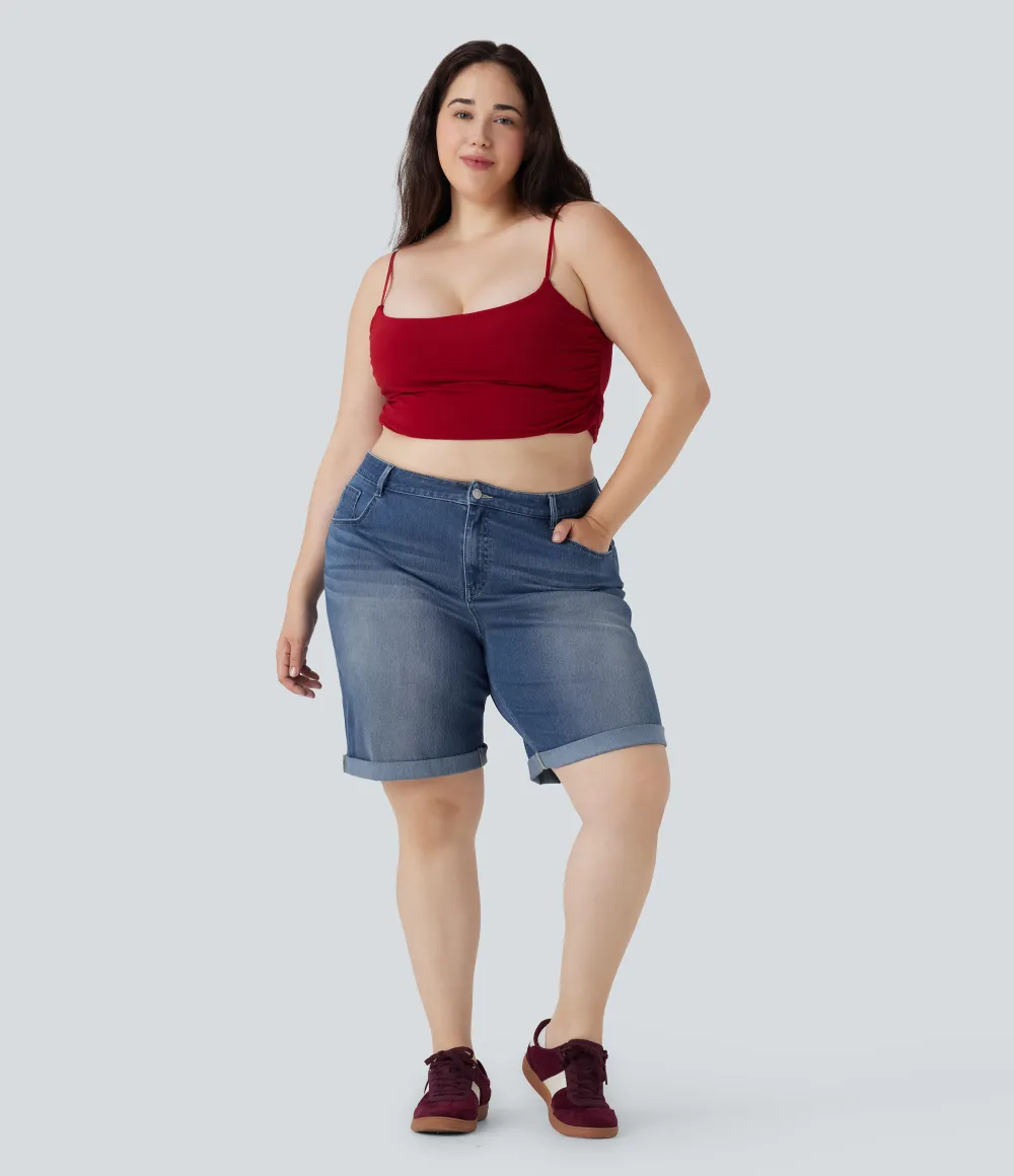  High Waisted Multiple Pockets Rolled Hem Washed Stretchy Knit Denim Casual Plus Size Bermuda Shorts