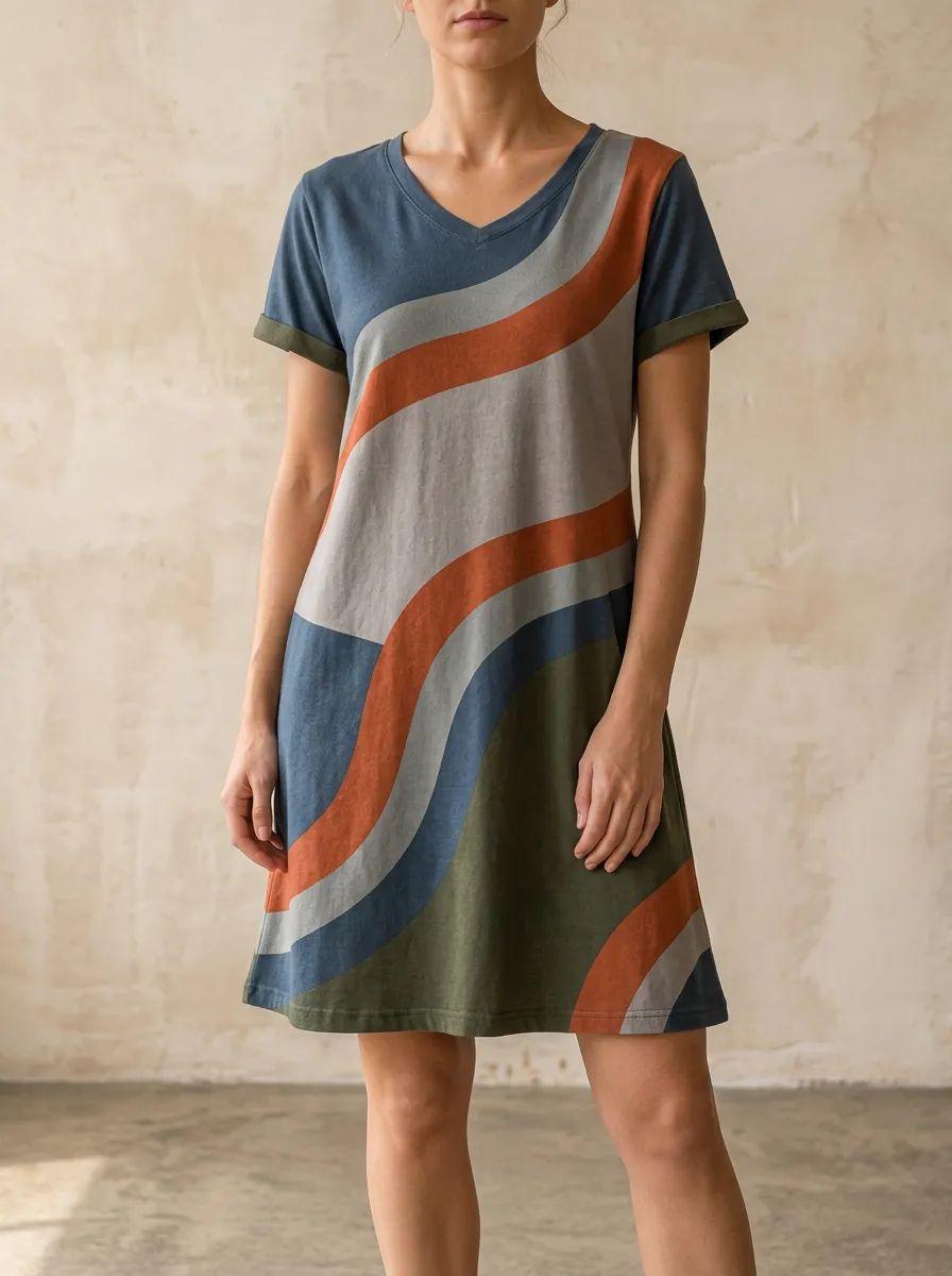 Women's Retro Abstract Wave Pattern Printed V-Neck Dress