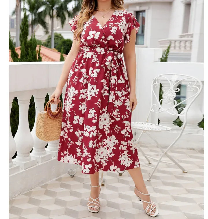 Plus Size Tie Waist Surplice Neck Midi Dress
