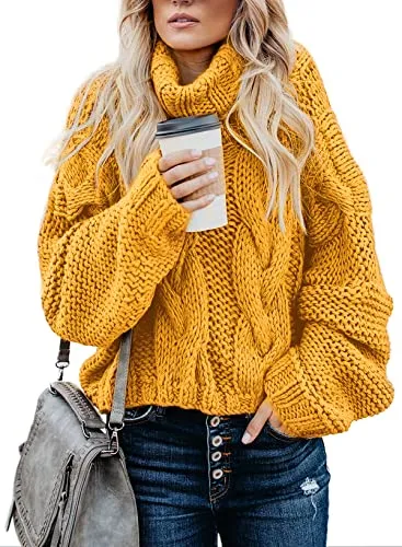 Womens Turtle Cowl Neck Solid Color Soft Comfy Cable Knit Pullover Sweaters S-2XL