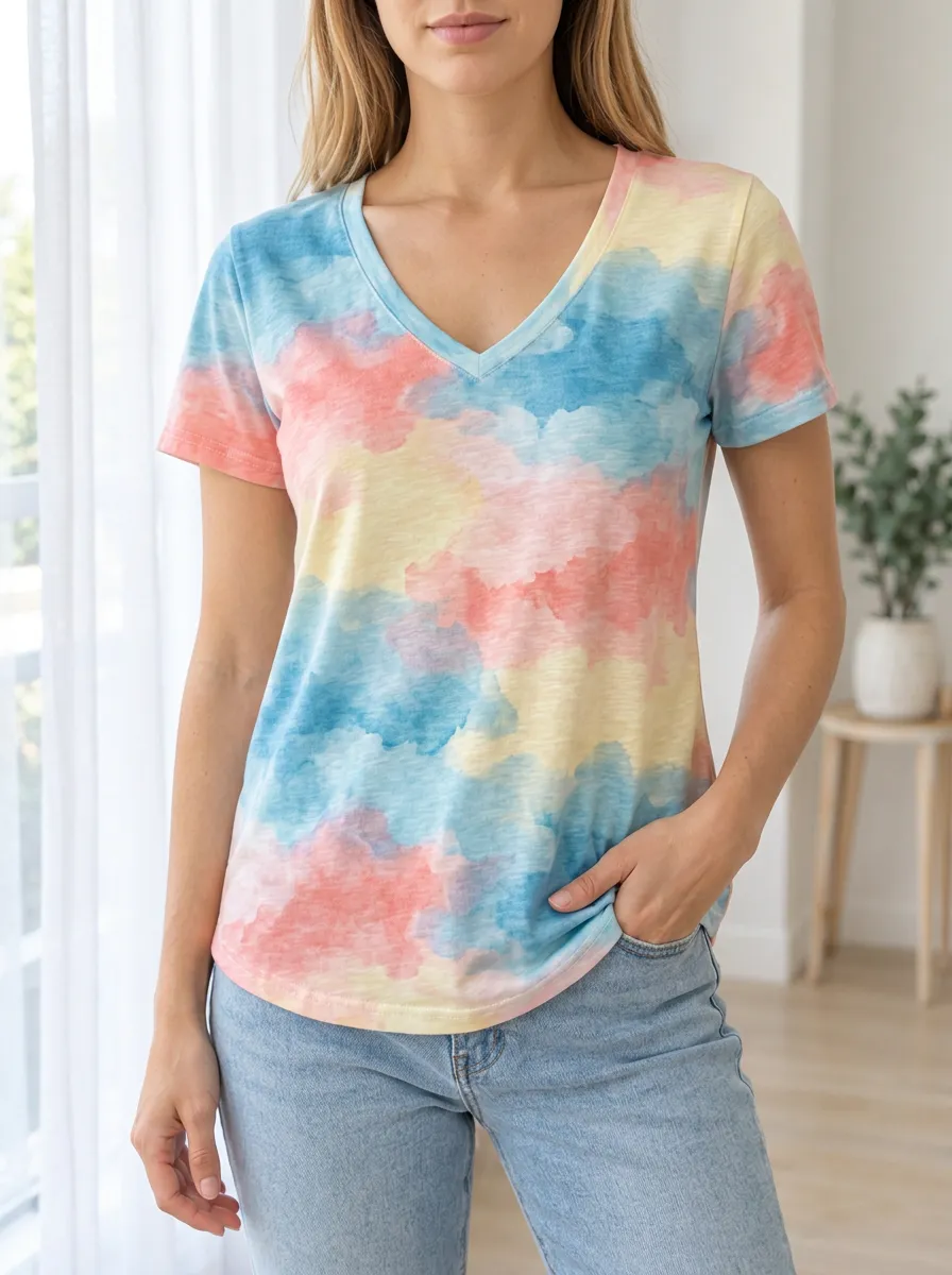 Women's Watercolor Cloud Pattern Printed V-Neck T-Shirt
