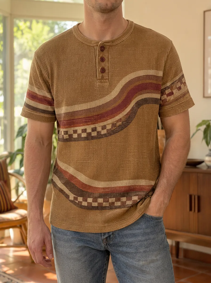 Men's Vintage Retro Stripe Checkered Printed Henley T-shirt