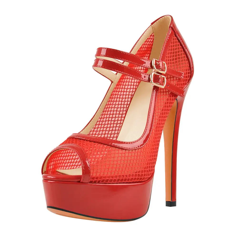 Mesh Detail Peep Toe Platform Stiletto Buckle Strap Pumps