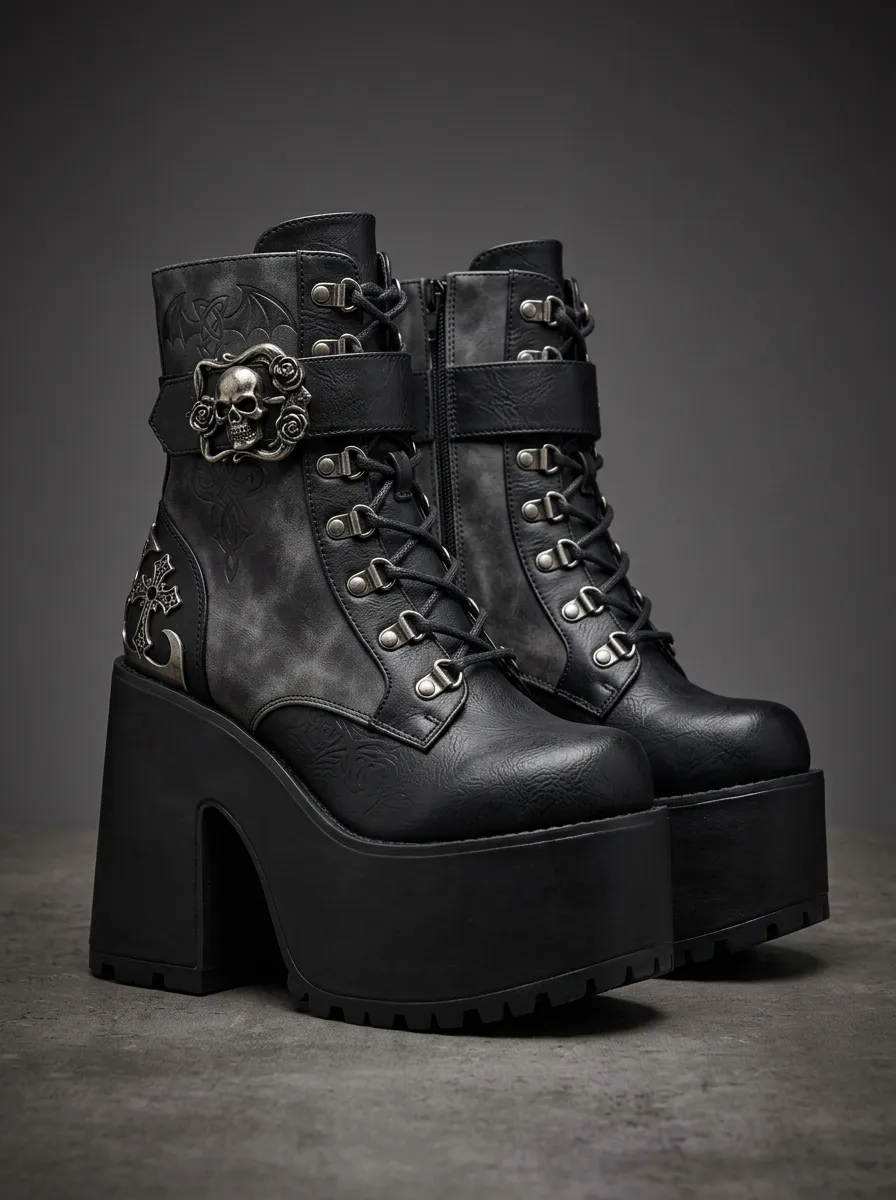 Dramatic Skull Cross Embossed Dark Look Women's Gothic Platform Boots