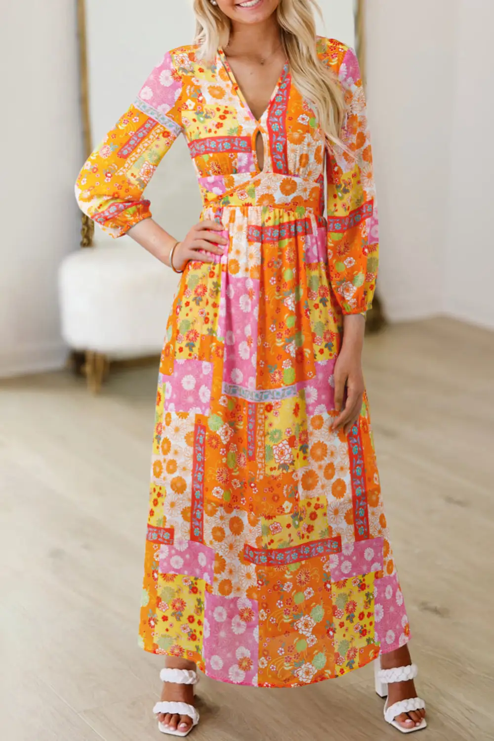 Floral Patchwork Print Cut Out Tied Back Bracelet Sleeve