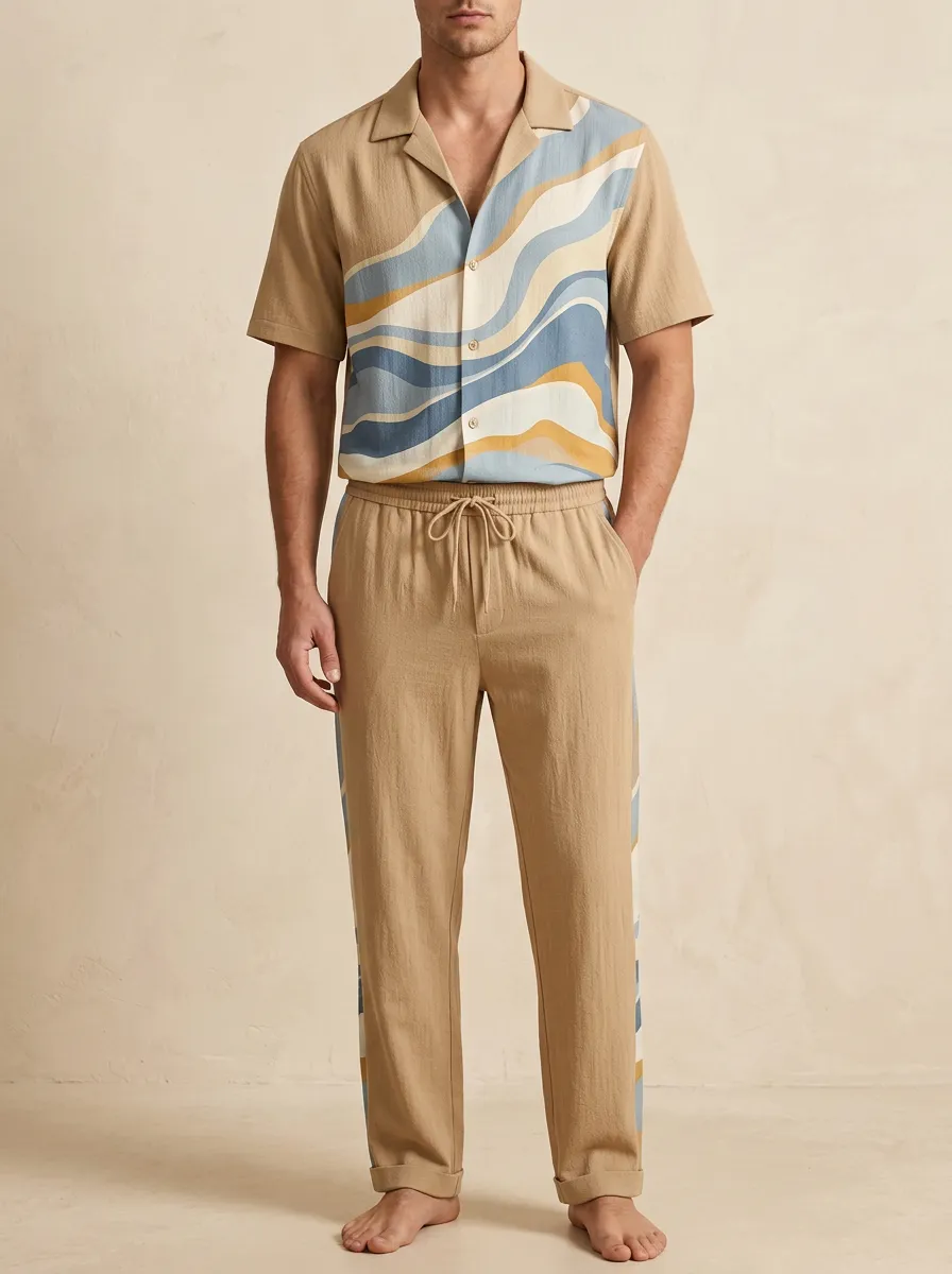 Men's Beach Vacation Wavy Stripe Printed Casual Set