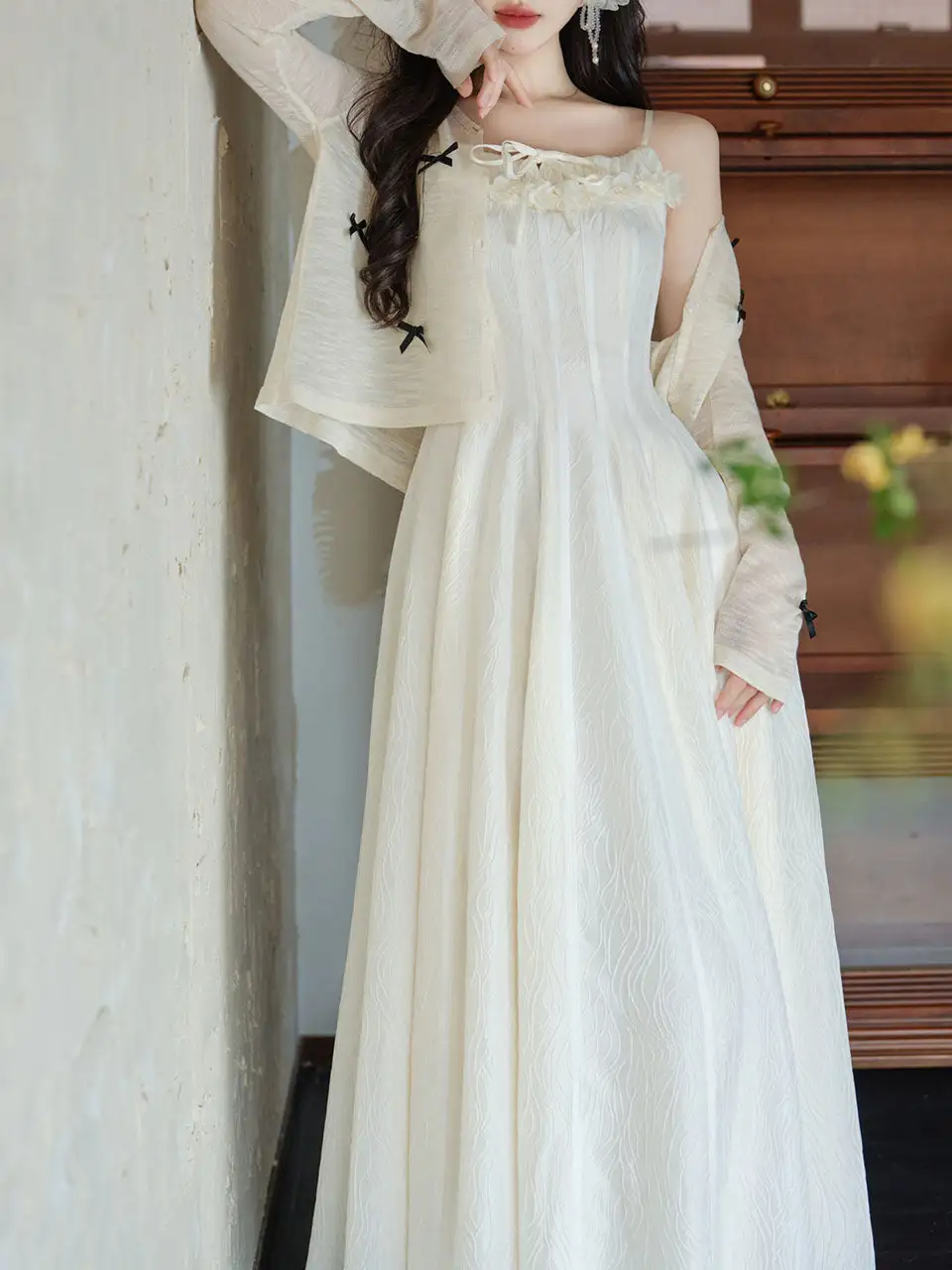 Bow Ruffle Jacquard Romantic Maxi Dress