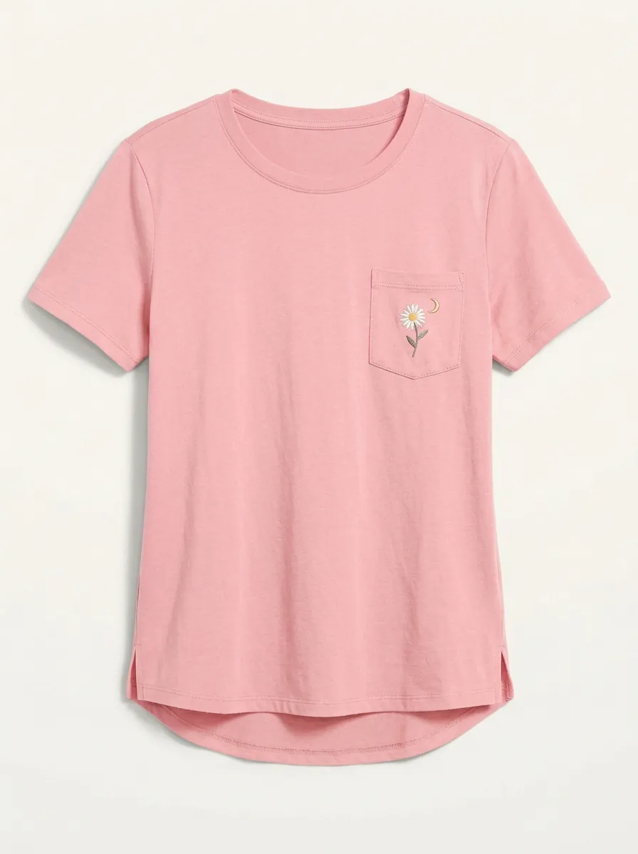 Women's Celestial Daisy Moon Embroidered Pocket Crewneck T-Shirt