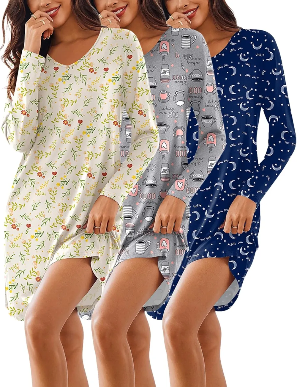 Ekouaer 3 Pack Long Sleeve Nightgowns for Women Casual Sleepwear Nightshirt