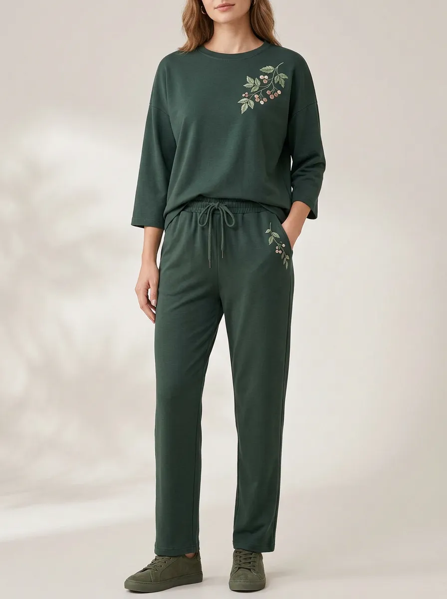 Women's Botanical Berry Embroidered Crewneck Top And Drawstring Straight-Leg Trouser Lounge Set