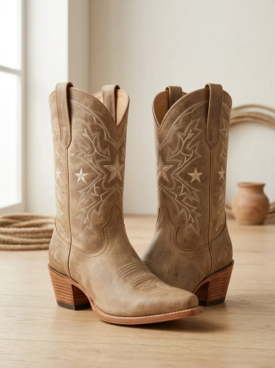 Unisex Western Star Embroidered Tan Leather Cowboy Boots