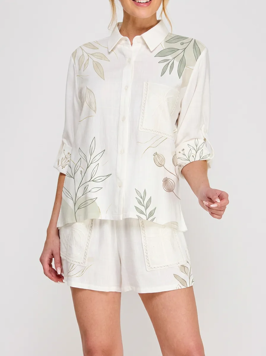 Women's Botanical Nature Lover Leaf Printed Button Down Shirt