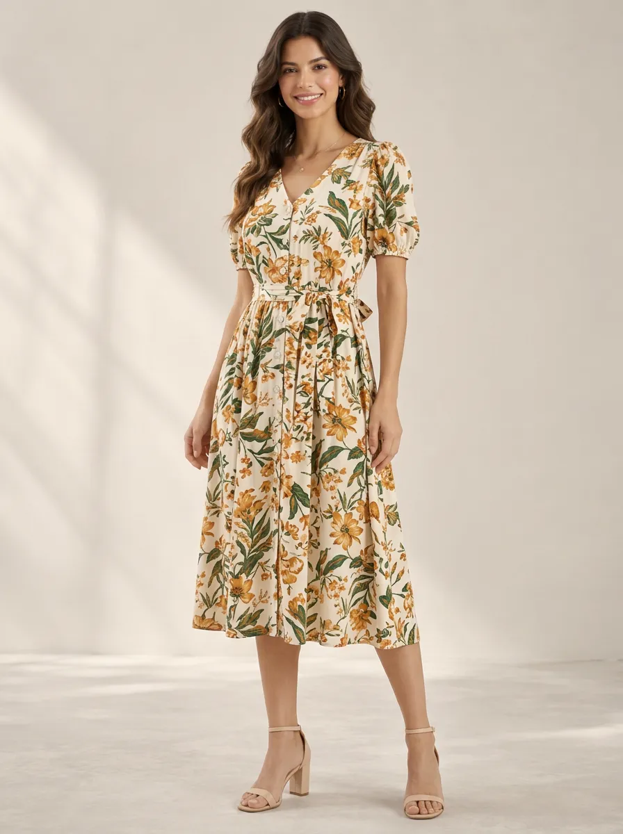 Women's Distinctive Botanical Floral Printed Midi Dress