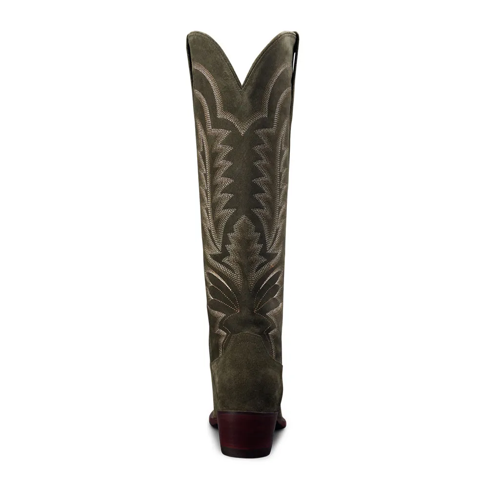 Faux-Suede Embroidered Pointed-Toe Chunky-Heel Knee-High Boots