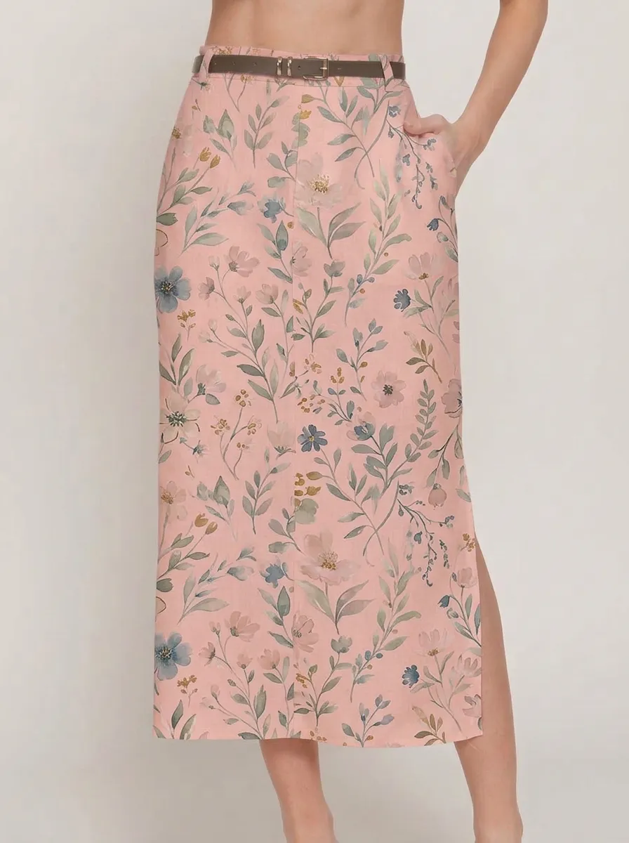 Women's Floral Lover Watercolor Botanical Printed Midi Skirt