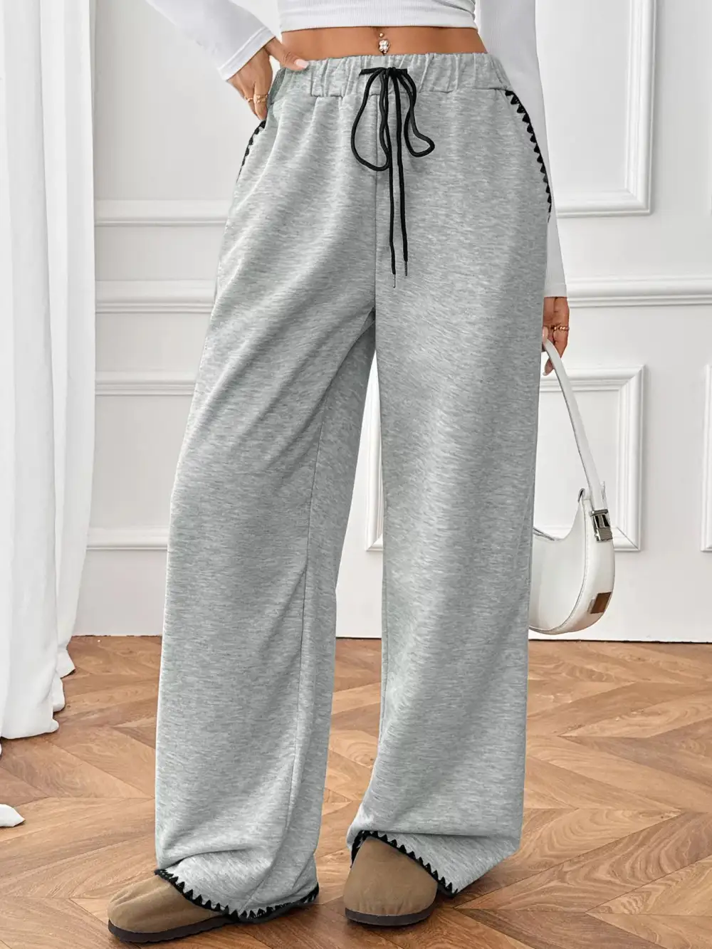 Textured Wide Leg Drawstring Pants