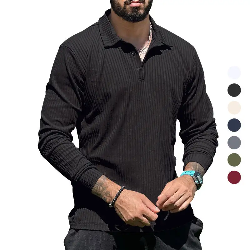 Streamlined Ribbed Button Placket Long Sleeve Fine Knit Polo Shirt