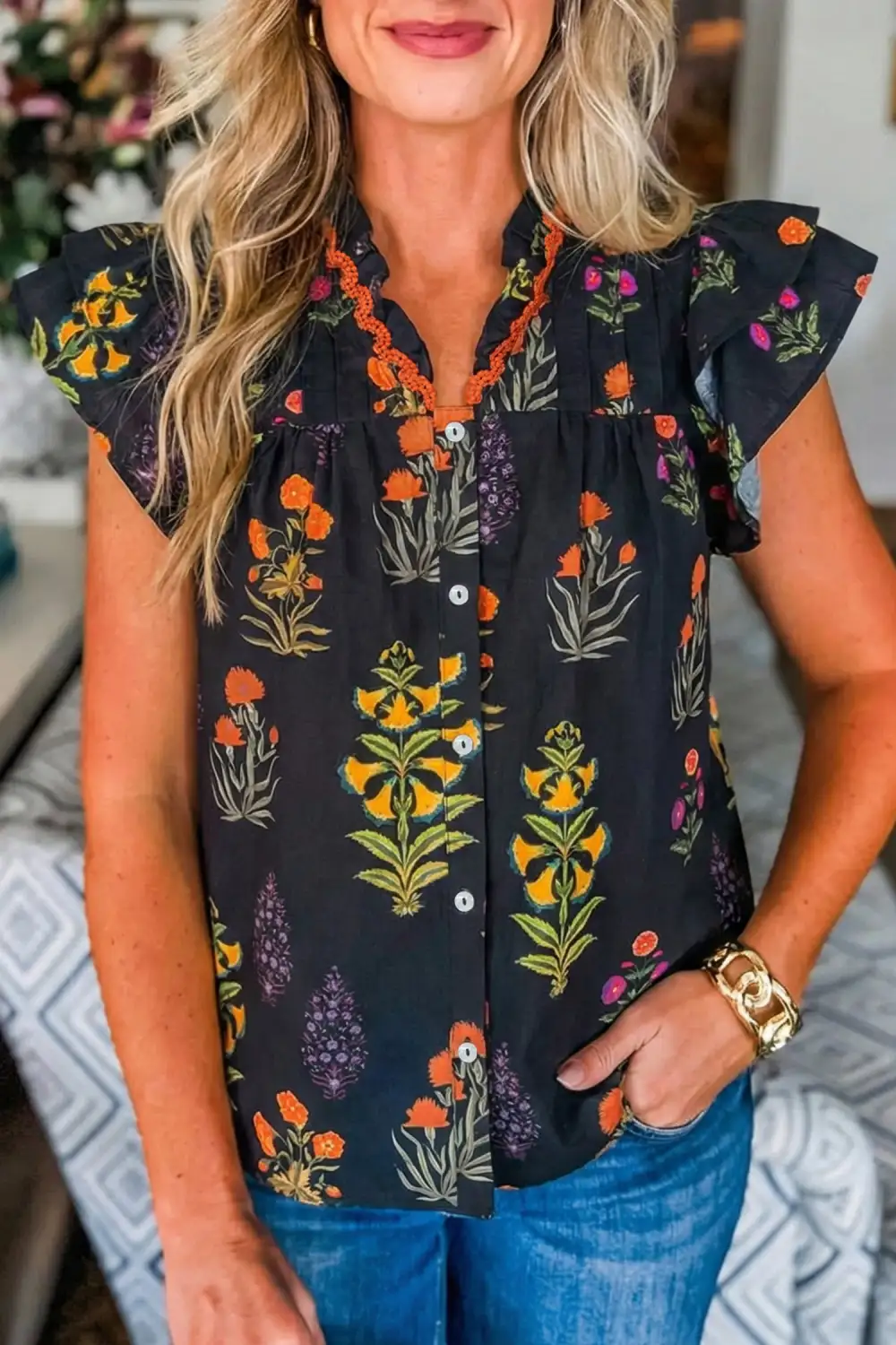 Print Lace Trim Frilled V Neck Short Sleeve Shirt