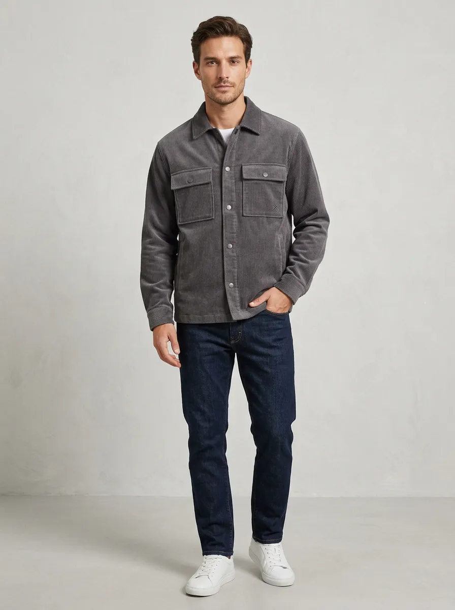 Men's Casual Grey Corduroy Button-Down Overshirt Jacket