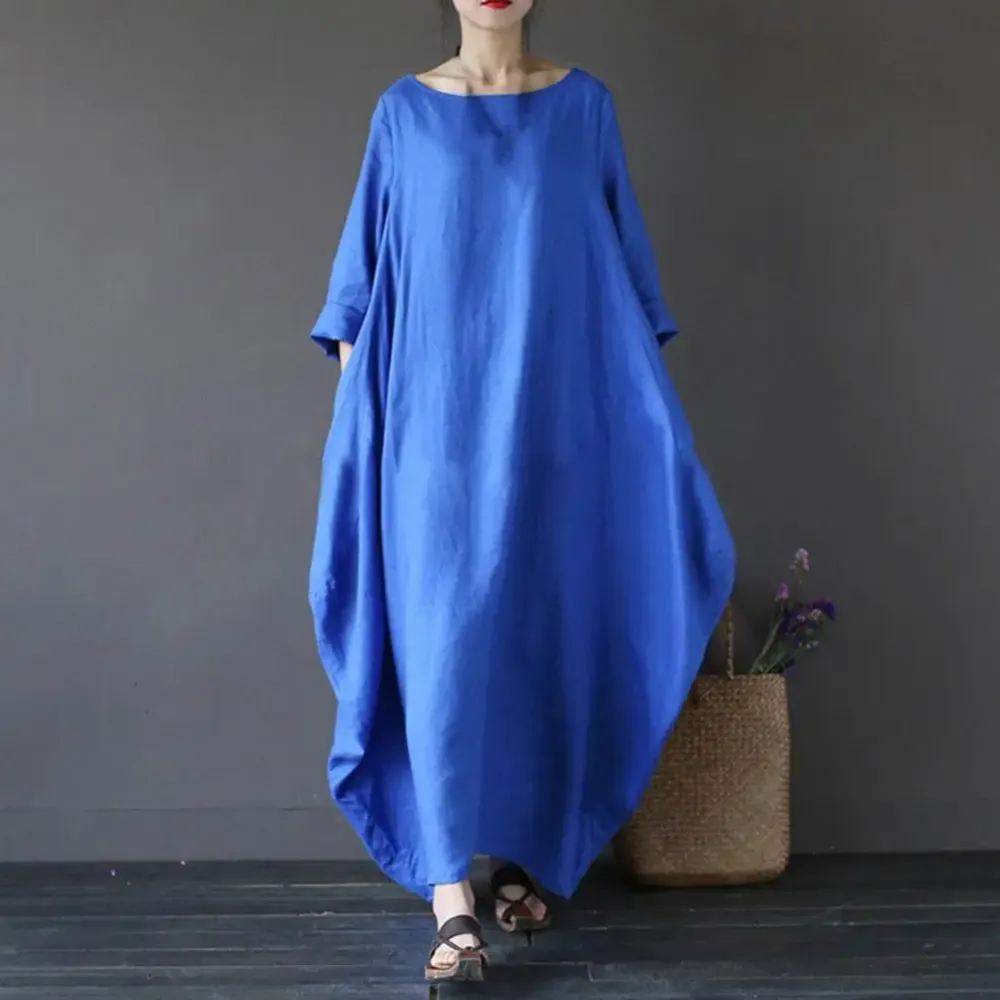Linen Blend Cotton Blend Maxi Side Slit Dress