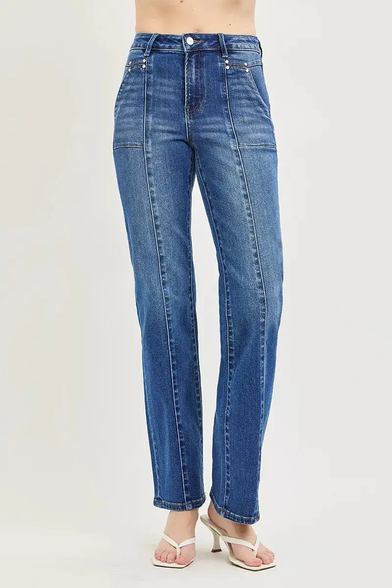 High Rise Patch Pocket Straight Leg Jeans