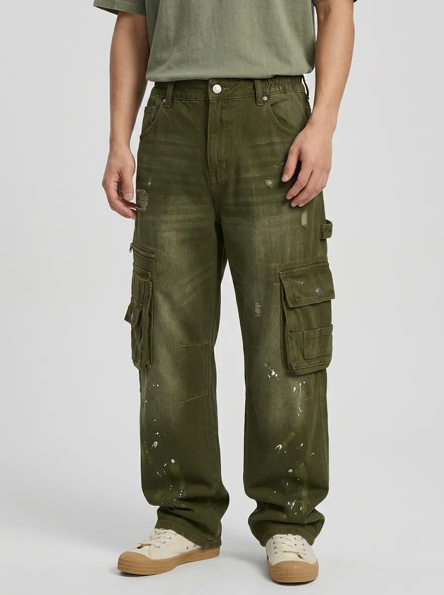 Men's Streetwear Distressed Paint Splatter Multi-Pocket Cargo Jeans