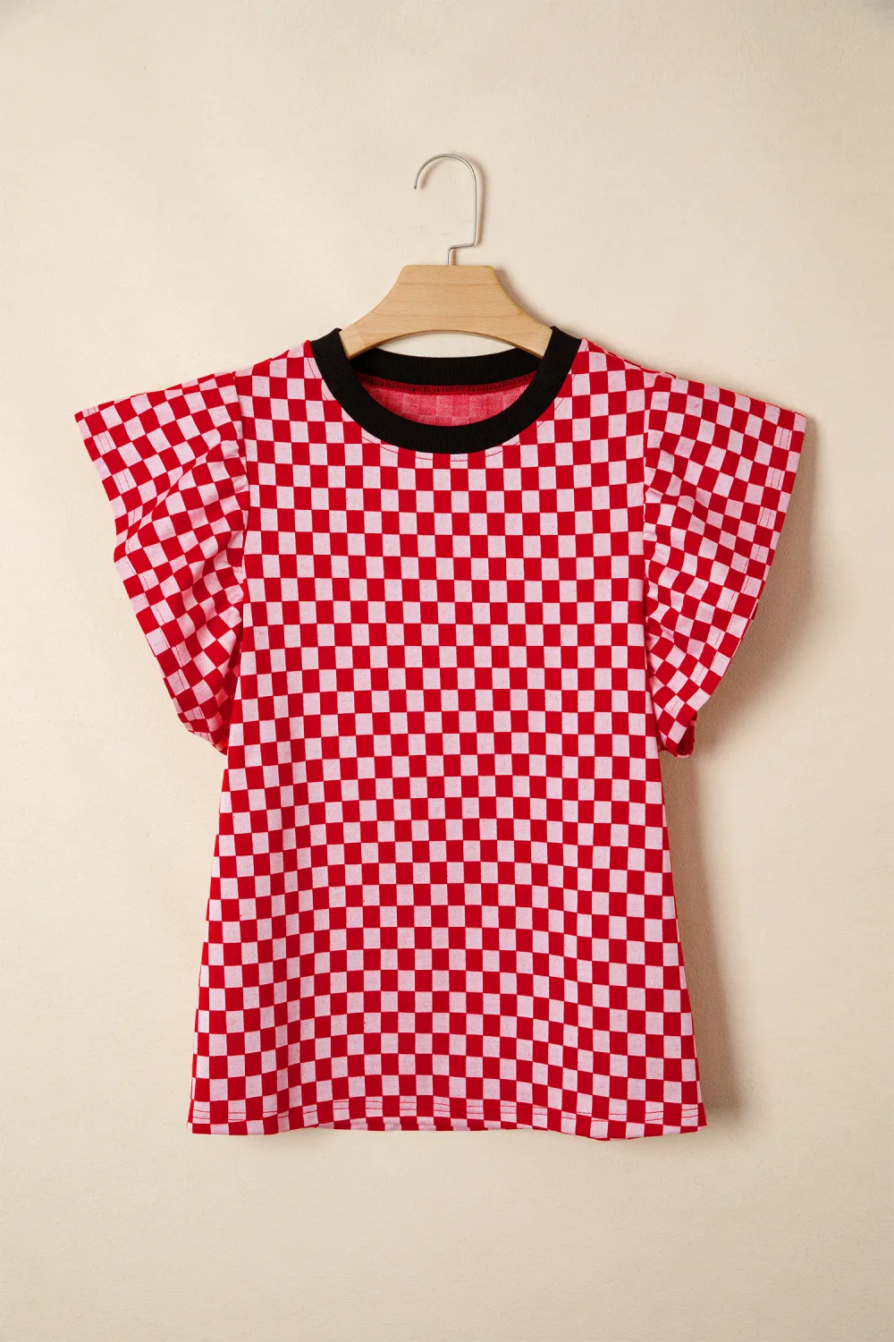 Red Checkered Print Ruffle Short Sleeve Top