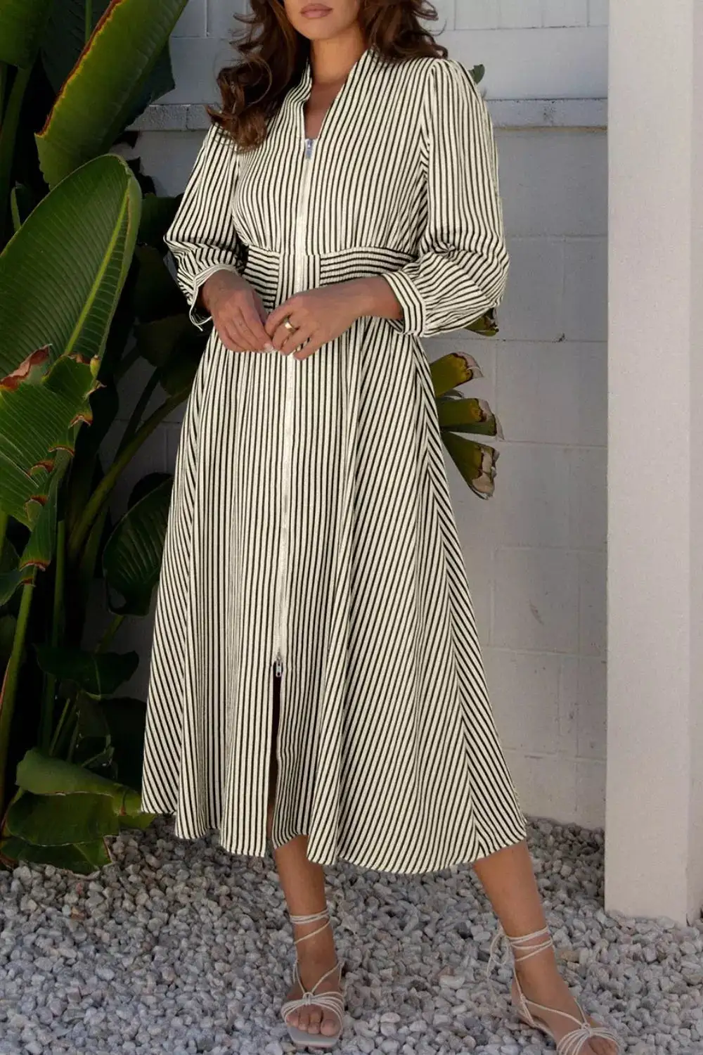 Everyday V Neck Zip Front Cinched High Waist Midi Dress