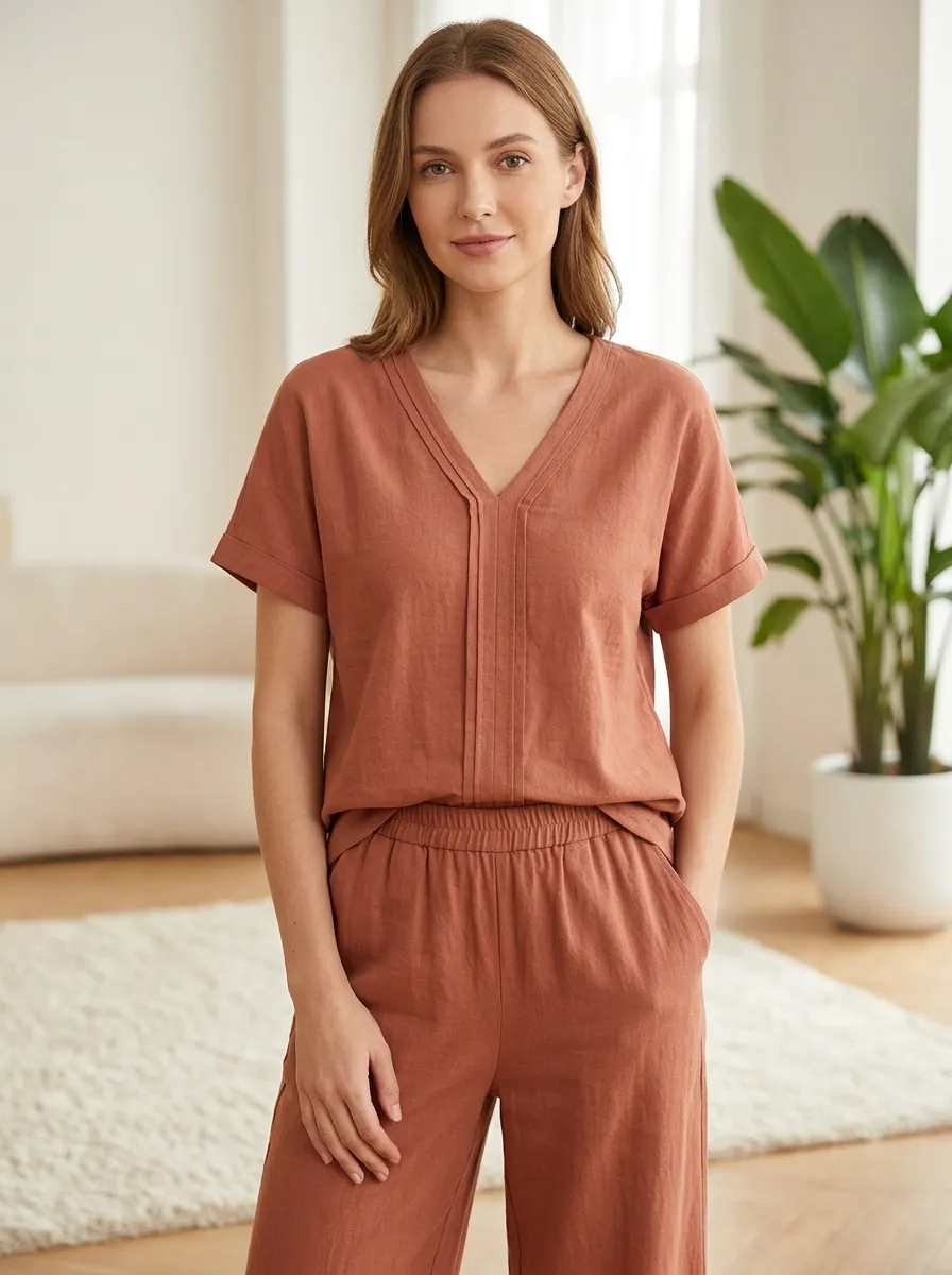 Short-Sleeve Pleated Women's V-Neck Shirt