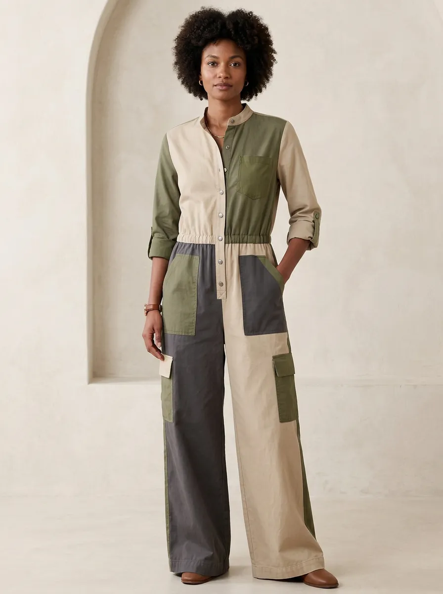 Women's Casual Utility Colorblock Cargo Jumpsuit