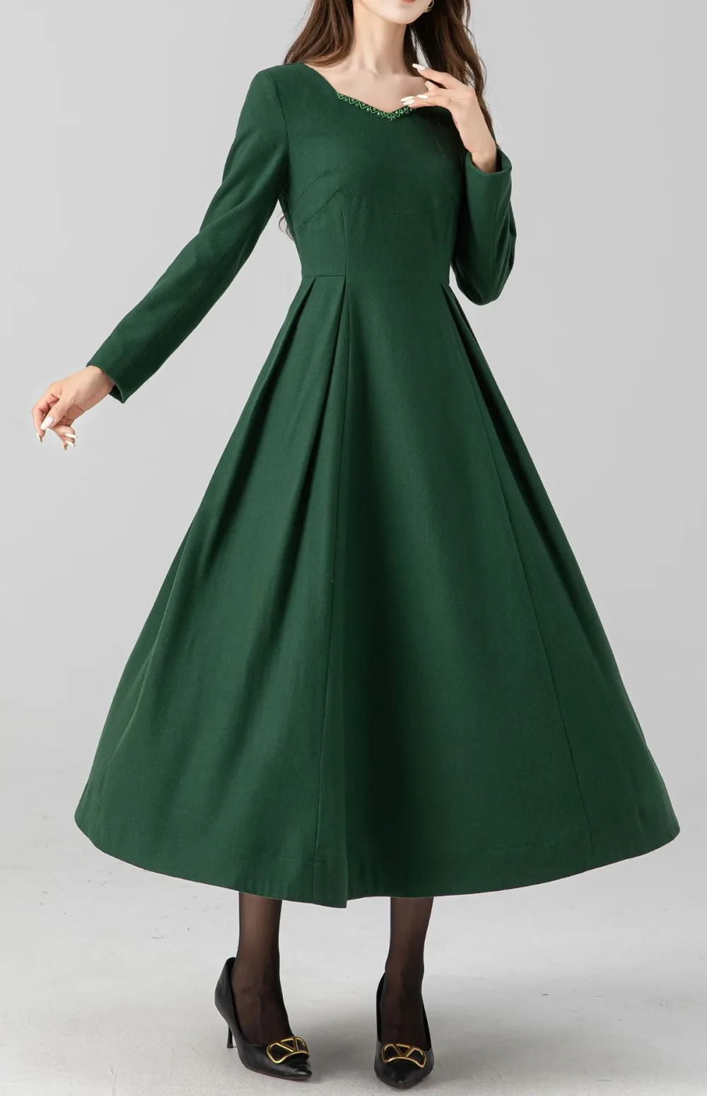 Tailored Wool Blend Fit And Flare Pleated Long Sleeve Midi Dress