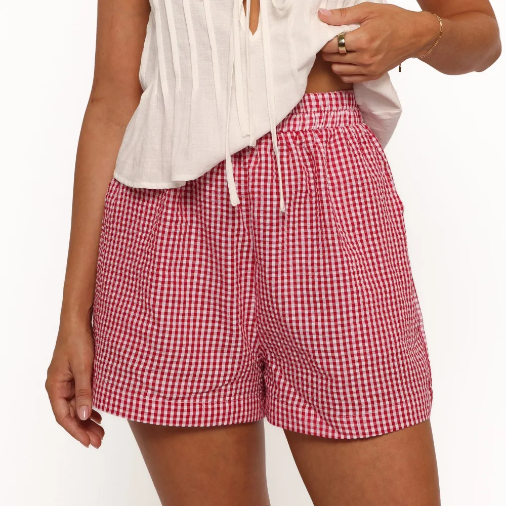 Gingham Elastic Waist Pocket Casual Shorts