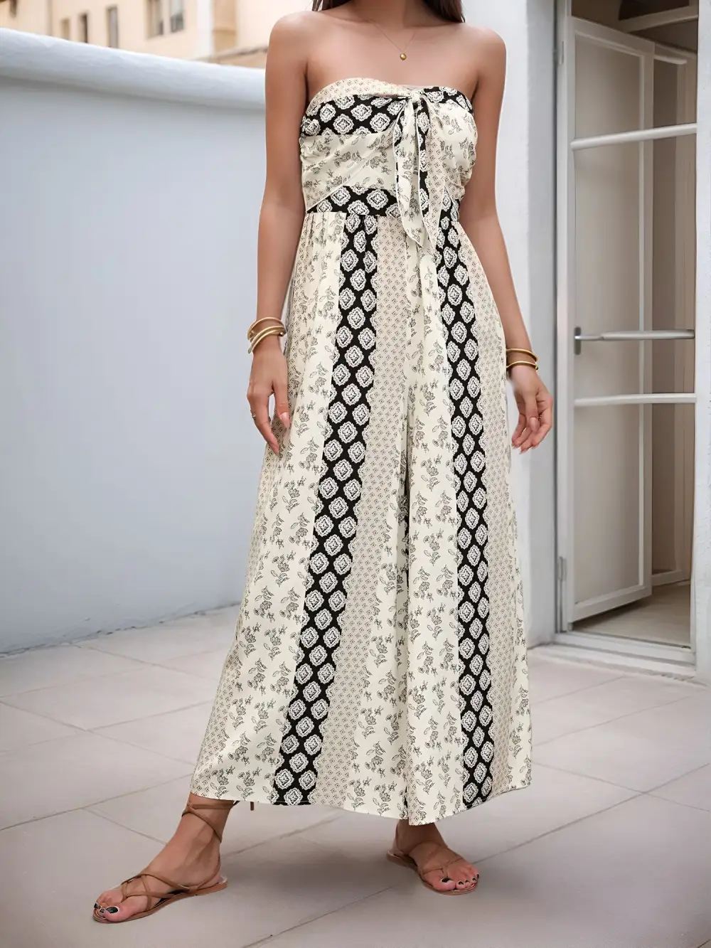 Boho Floral Strapless Wide-Leg Jumpsuit