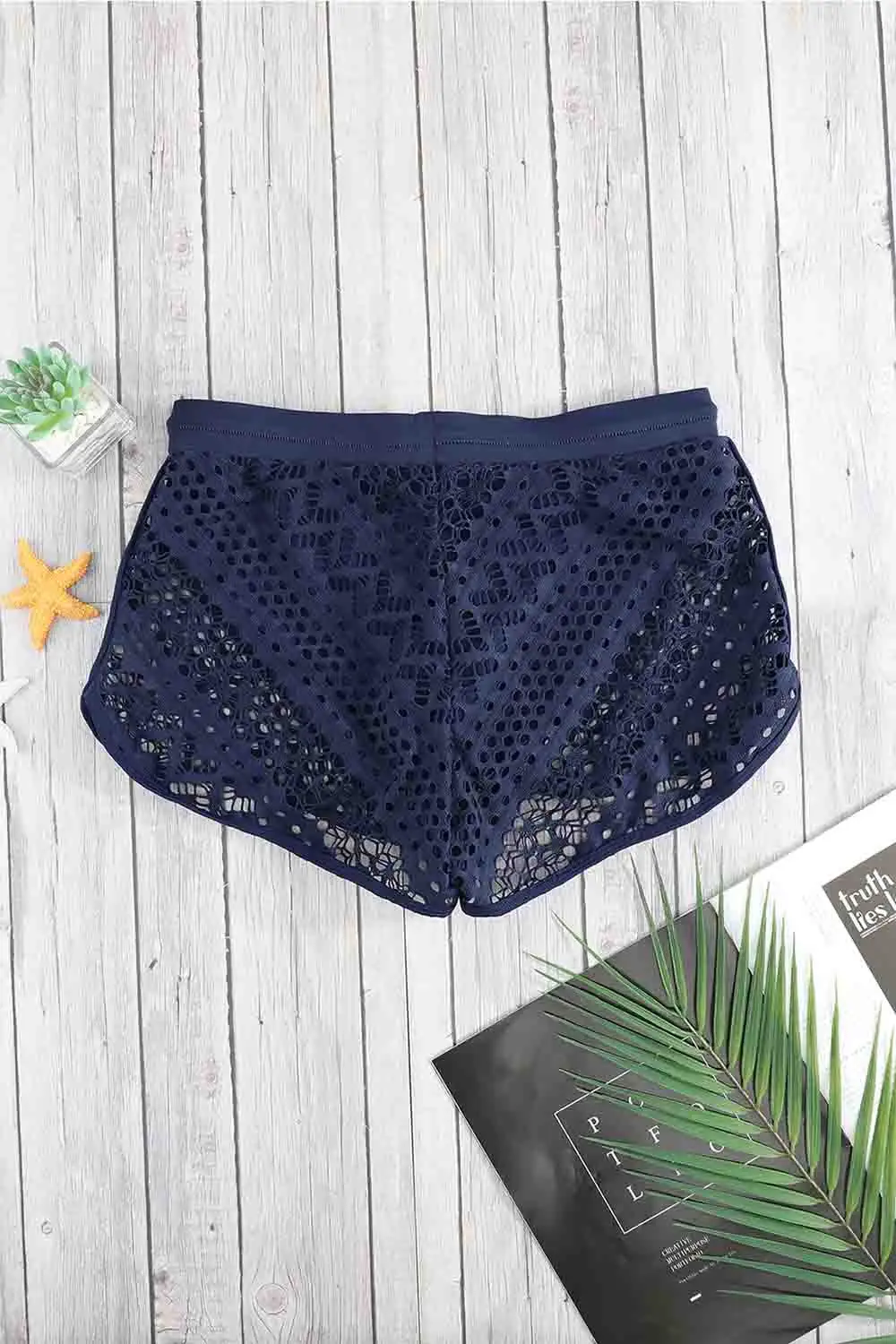 Swimwear Lace Panel Drawstring Waist Plus Size Swim Shorts