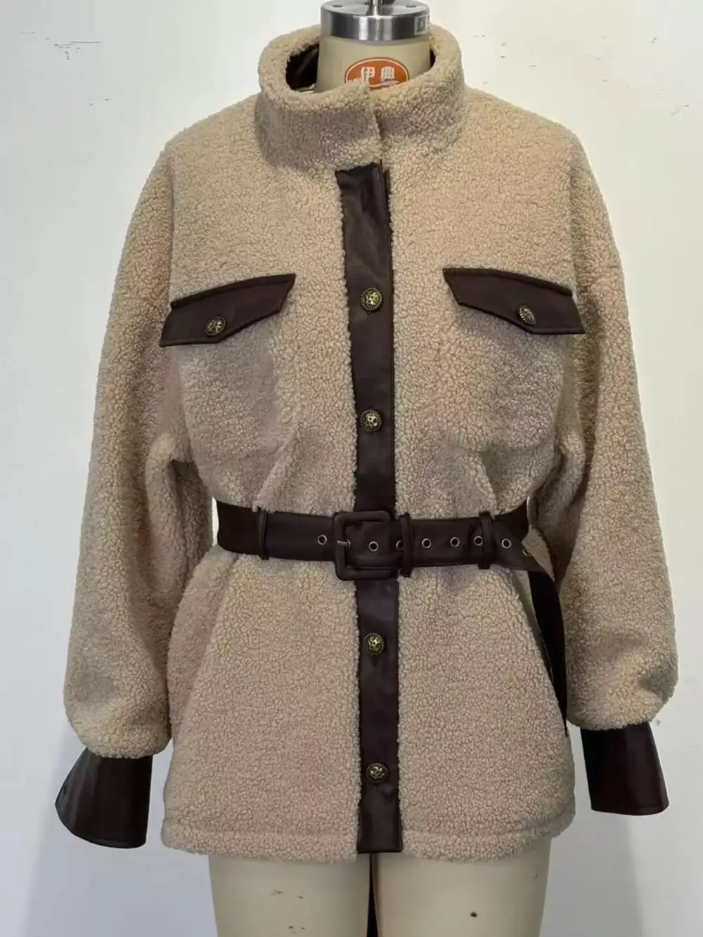 Leather Trim Sherpa Outerwear With Pockets