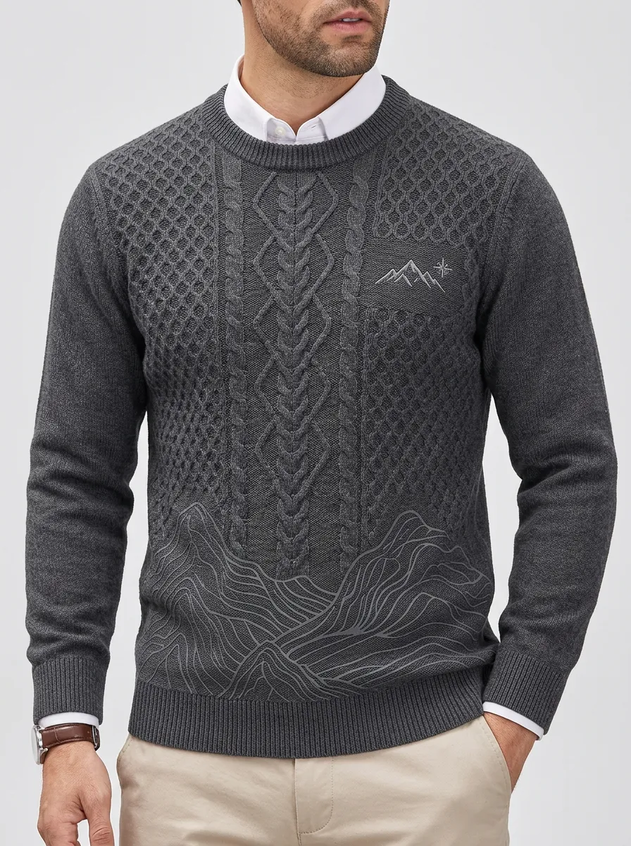 Men's Charcoal Grey Cable-Knit Graphic Crewneck Sweater