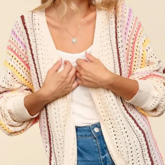 Open Front Crochet Striped Ribbed Knit Cardigan