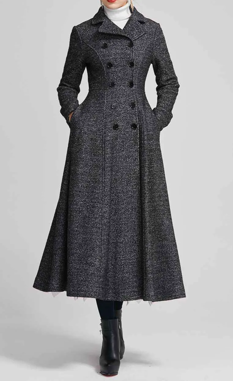 Refined Wool Blend Fit and Flare Double Breasted Pocketed Coat