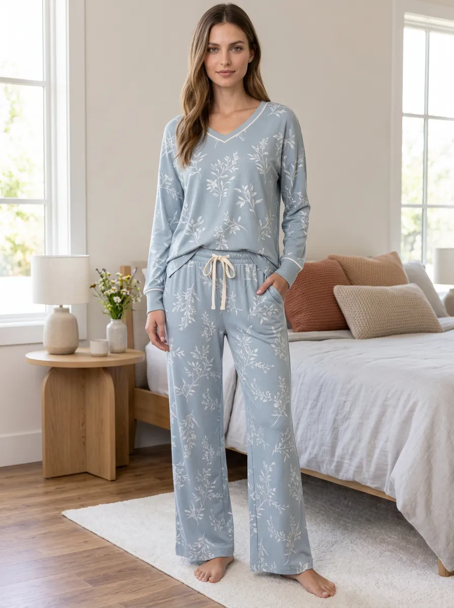 Botanical Floral V-Neck Long Sleeve Wide-Leg Pants Women's Printed Pajama Set
