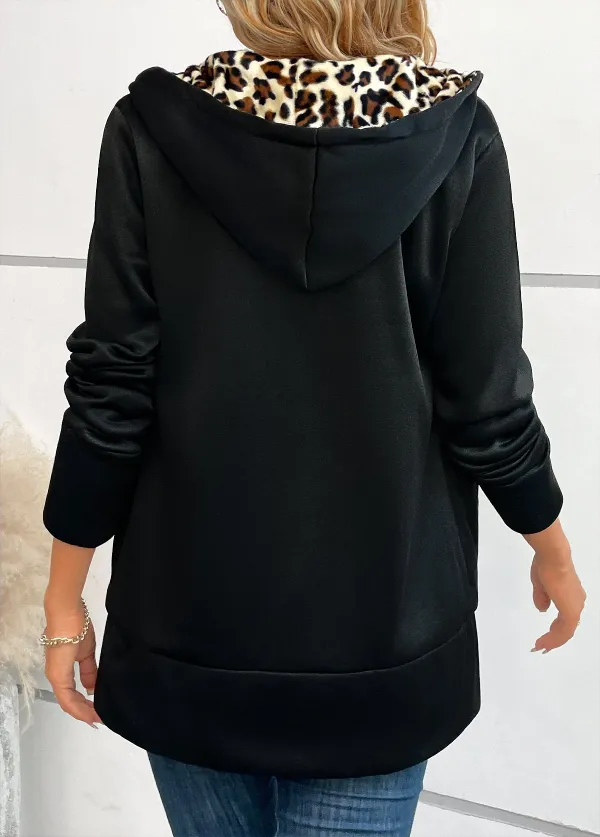 Black Zipper Leopard Long Sleeve Hooded Coat
