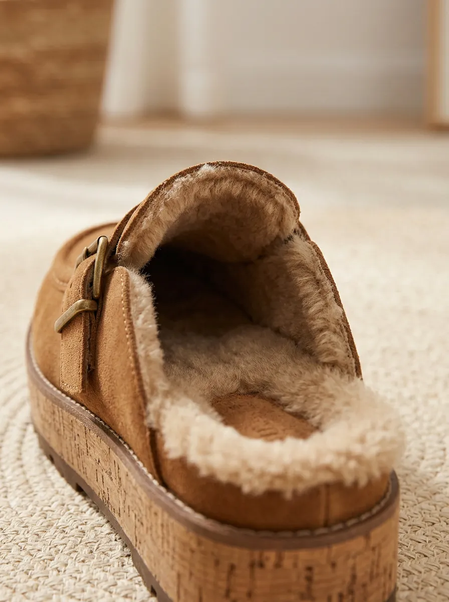 Women's Outdoor Faux Fur Lined Platform Casual Suede Wood Sole Loafers