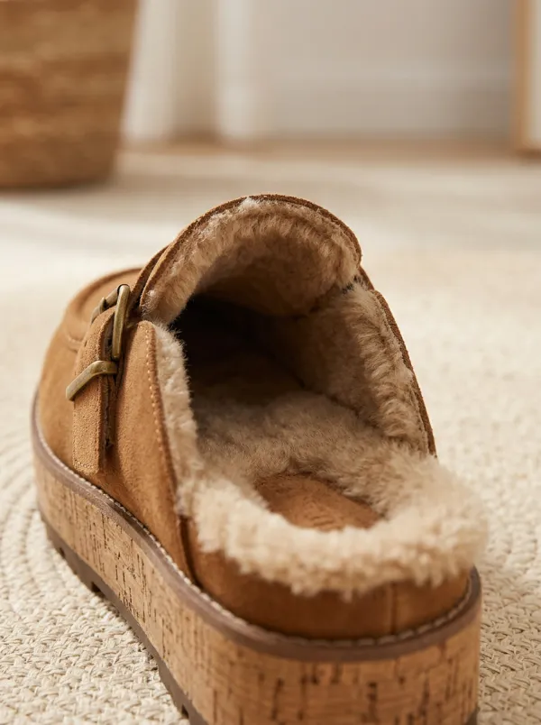 Women's Outdoor Faux Fur Lined Platform Casual Suede Wood Sole Loafers