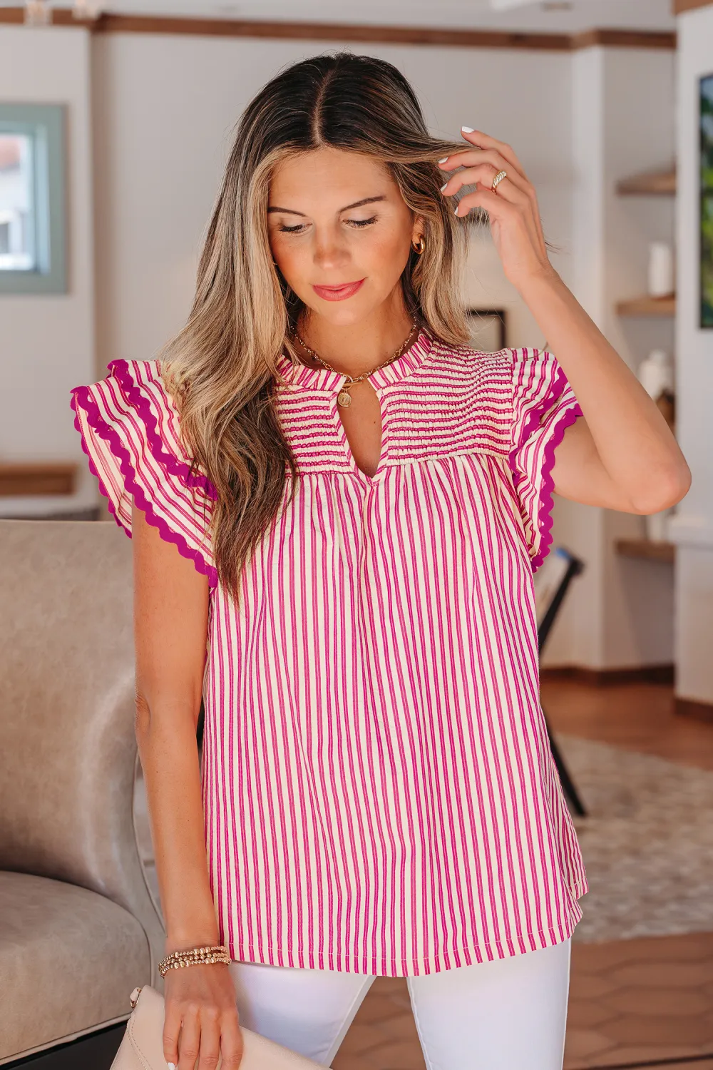 Rose Stripe Shirred Yoke Ruffled Blouse
