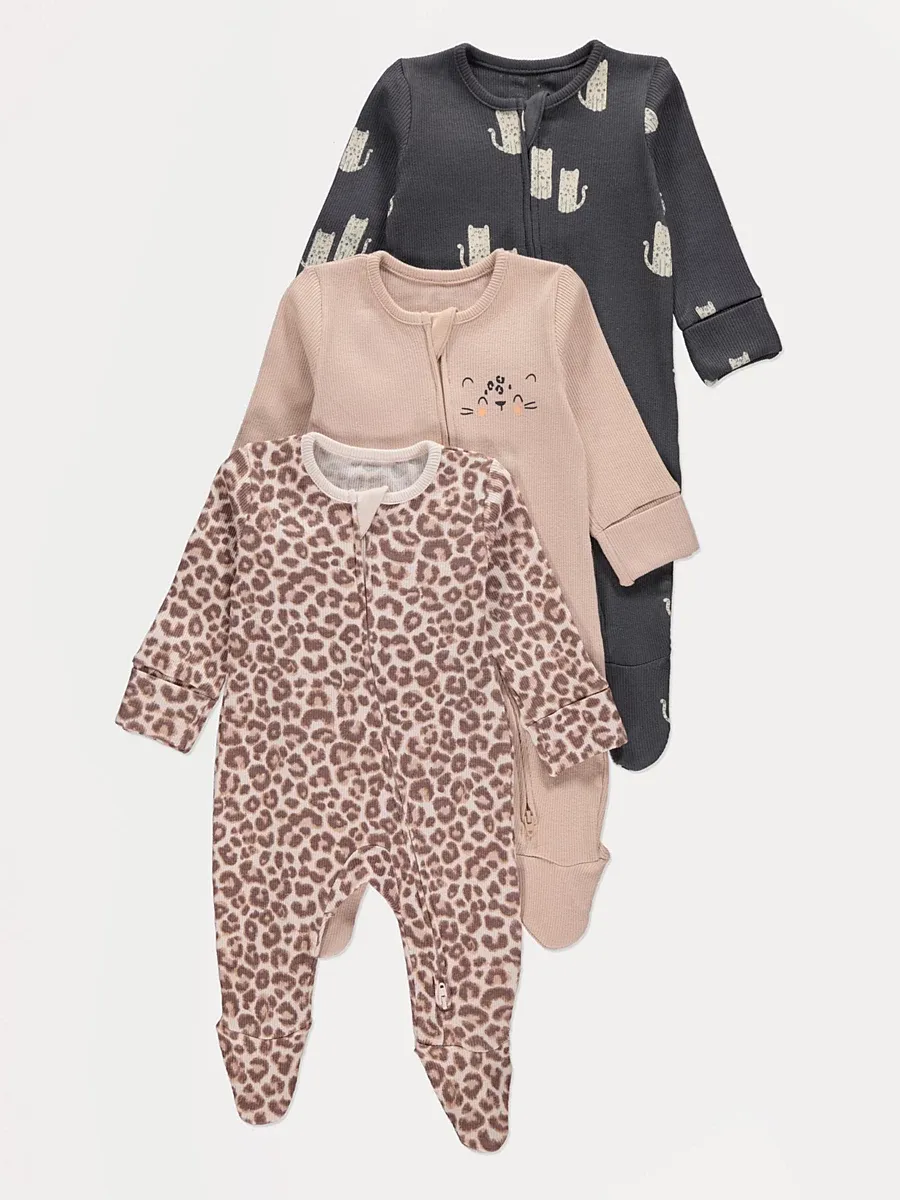 Leopard Ribbed Zip Fasten Sleepsuits 3 Pack
