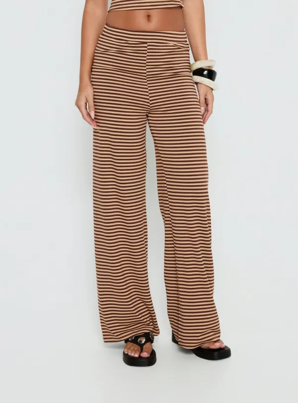 Brown Striped Mid-Rise Straight-Leg Pants