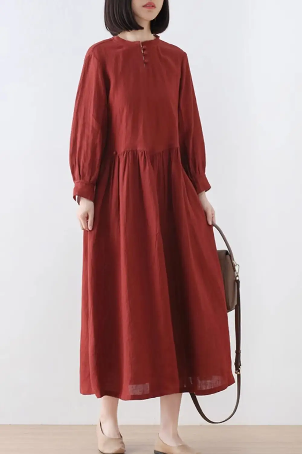 Classic Linen Long Sleeve Midi Dress