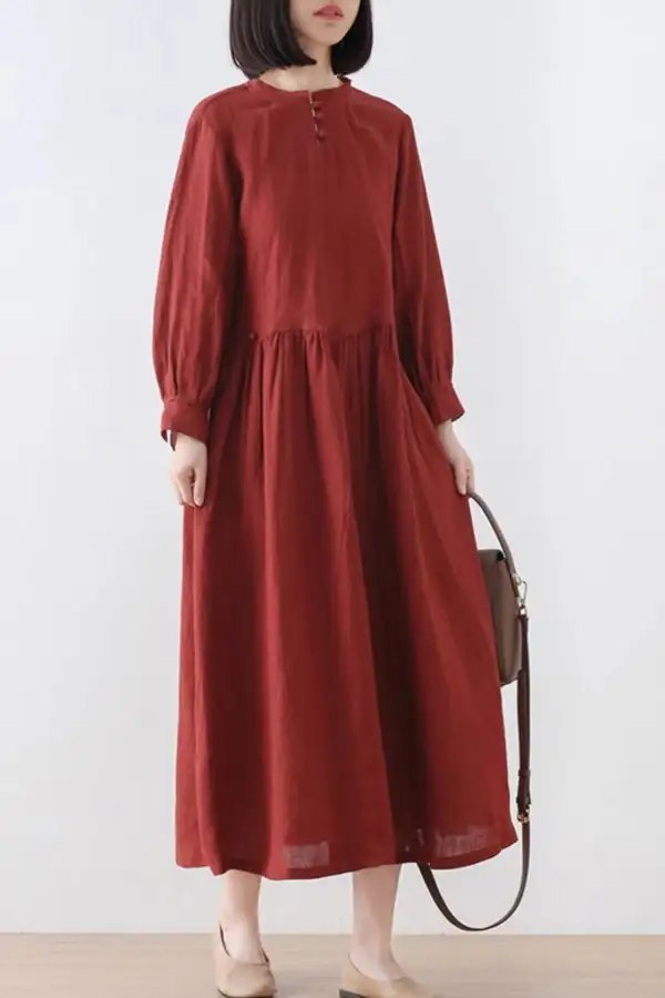 Classic Linen Long Sleeve Midi Dress