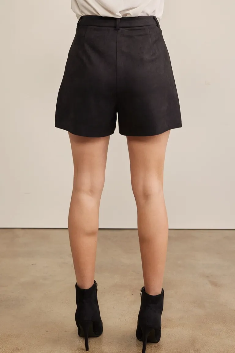 Black Faux Suede Pleated Mini Shorts